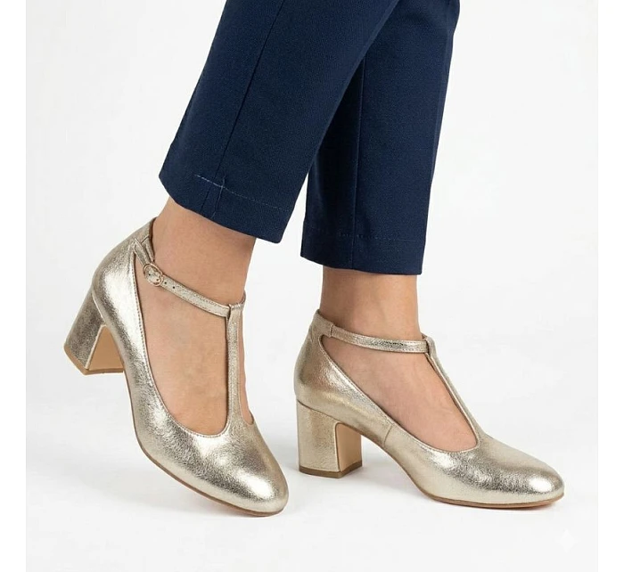 Třpytivé zlaté lodičky s páskem model 22073635