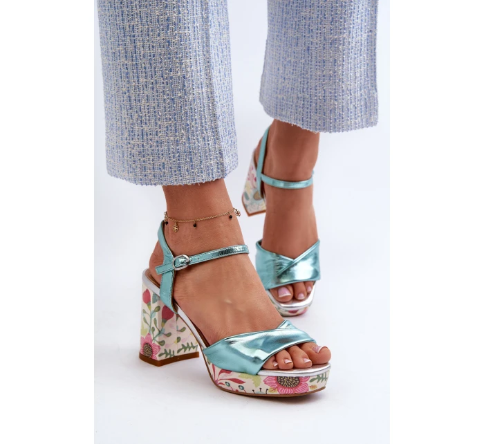Dámské sandály na podpatku s květinami D&A CR980 modré
