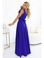 643-8 Elegantní večerní maxi šaty s rozparkem a růžemi – chrpa 643-8 Elegantní večerní maxi šaty s rozparkem a růžemi – chrpa