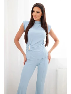Dámský komplet s nařasenou halenkou a širokými kalhotami modrý