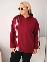 Dámská mikina Plus Size z viskózy s kapucí a ozdobnými pruhy bordó barva