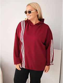 Dámská mikina Plus Size z viskózy s kapucí a ozdobnými pruhy bordó barva