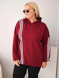 Dámská mikina Plus Size z viskózy s kapucí a ozdobnými pruhy bordó barva