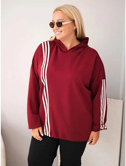 Dámská mikina Plus Size z viskózy s kapucí a ozdobnými pruhy bordó barva