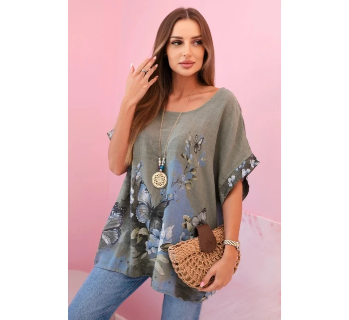 Dámská bavlněná košile s motýly a květinami khaki Dámská bavlněná košile s motýly a květinami khaki