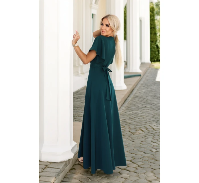 dlouhé šaty s rozparkem na rukávy a výstřihem lahvově zelené model 21291970 - numoco