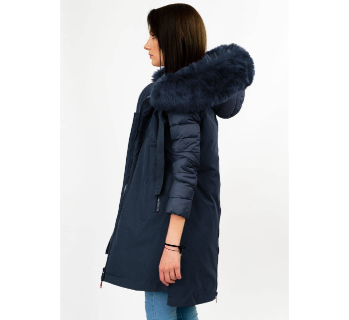 Tmavě modrá dámská zimní bunda z různých spojených materiálů (7708)
