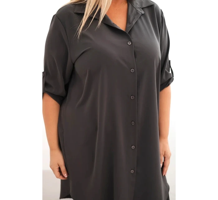 Dámská košilová šaty Plus Size s delší zadní částí a ohrnovacími rukávy grafitová