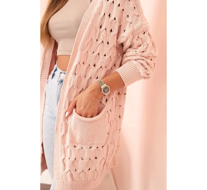 Dámský kardigan s kapsami a krajkový pudrově růžový