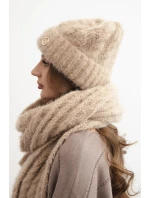 Dámská souprava čepice a šálu s proužkem s ozdobou camelový