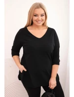 Dámská bavlněná blůza Plus Size s výstřihem do V a ohrnutým rukávem černá