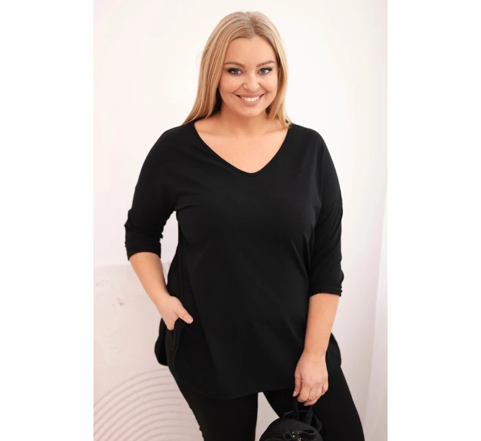Dámská bavlněná blůza Plus Size s výstřihem do V a ohrnutým rukávem černá
