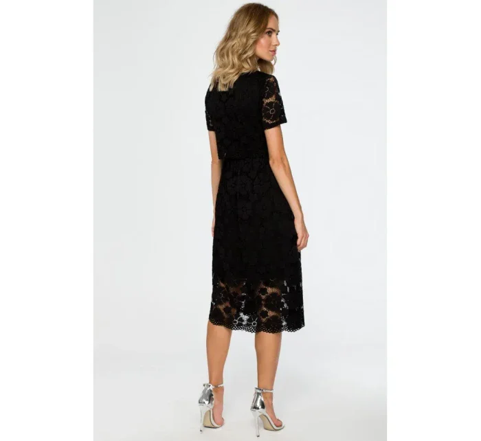 M405 krajkové midi šaty s výstřihem - černé