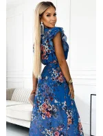 473-1 ARIA Dlouhé šaty s výstřihem a krátkými rukávy - MODRÉ s květy
