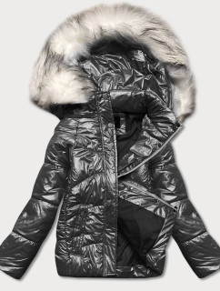 Krátká černá károvaná dámská zimní bunda (16M9052-392)