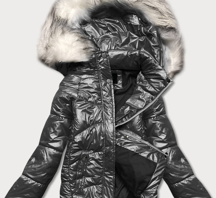 Krátká černá károvaná dámská zimní bunda (16M9052-392)