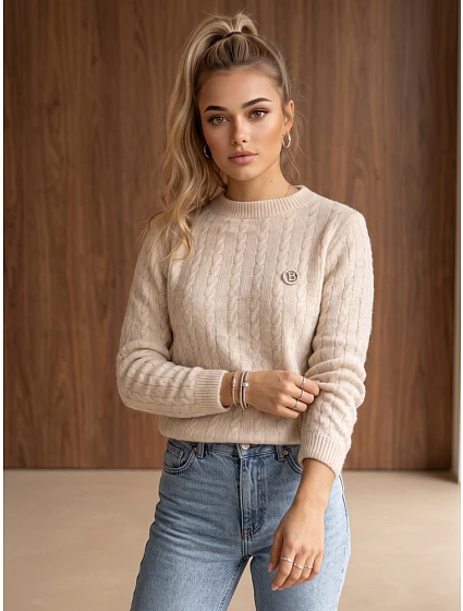 Sweter damski z warkoczowym splotem beżowy FashionStreet MY2675 Sweter damski z warkoczowym splotem beżowy FashionStreet MY2675