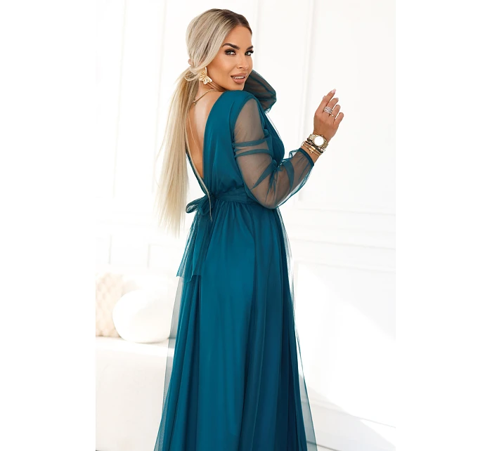 664-2 Dlouhé maxi šaty s tylovými rukávy a obálkovým výstřihem - lahvově zelené 664-2 Dlouhé maxi šaty s tylovými rukávy a obálkovým výstřihem - lahvově zelené