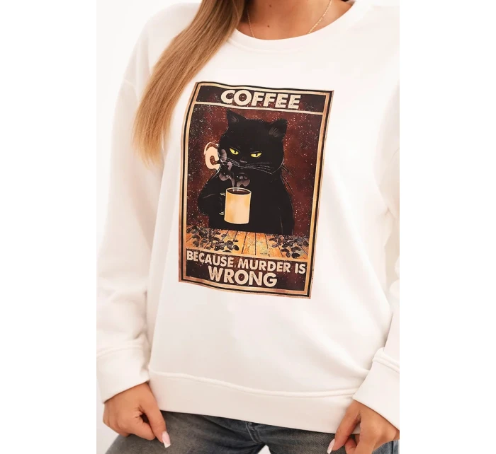 Dámská bavlněná mikina s potiskem kočky a nápisem ecru
