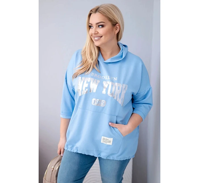 Dámská mikina ve velikosti Plus z viskózy s kapucí a model 22011800 kapsou modrá - K-Fashion Dámská mikina ve velikosti Plus z viskózy s kapucí a model 22011800 kapsou modrá - K-Fashion