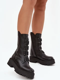 Dámské kotníkové boty z přírodní kůže na platformě model 21713280 Černé - Zazoo