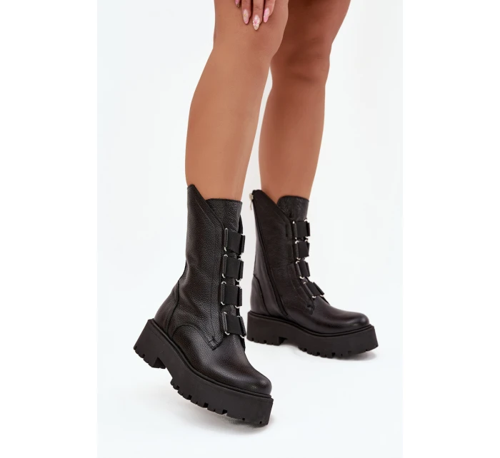 Dámské kotníkové boty z přírodní kůže na platformě model 21713280 Černé - Zazoo