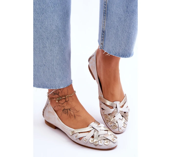 Dámské Kožené Baleríny model 21620670 Béžová a zlatá - Maciejka