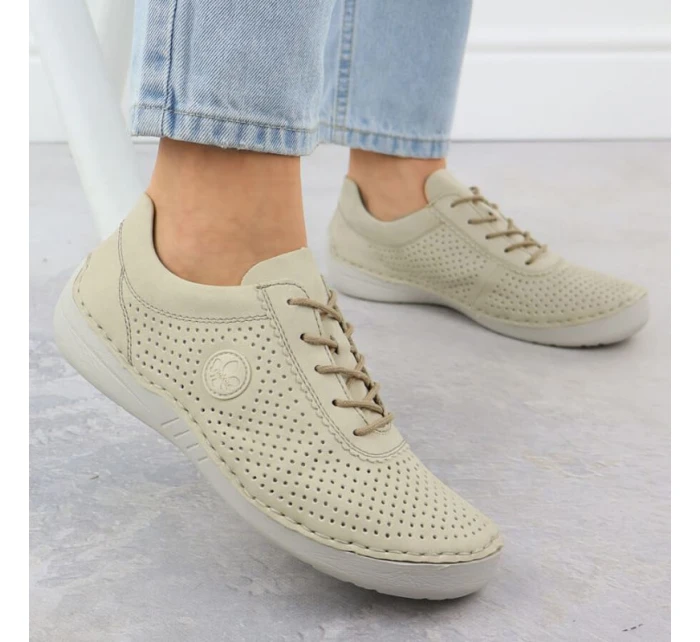 Dámské perforované béžové kožené polobotky model 21904669 - Rieker