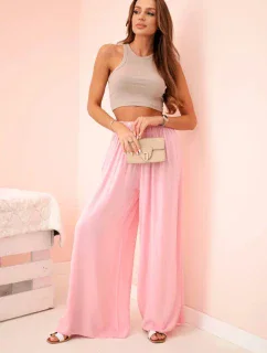 Široké dámské kalhoty s elastickým pasem světle růžová