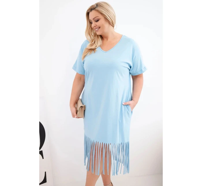 Dámské bavlněné šaty s výstřihem do V a s třásněmi Plus Size modrá