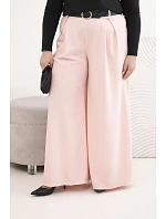 Dámské kalhoty Plus Size s širokou nohavicí a páskem pudrově růžové