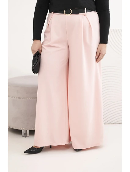 Dámské kalhoty Plus Size s širokou nohavicí a páskem pudrově růžové Dámské kalhoty Plus Size s širokou nohavicí a páskem pudrově růžové
