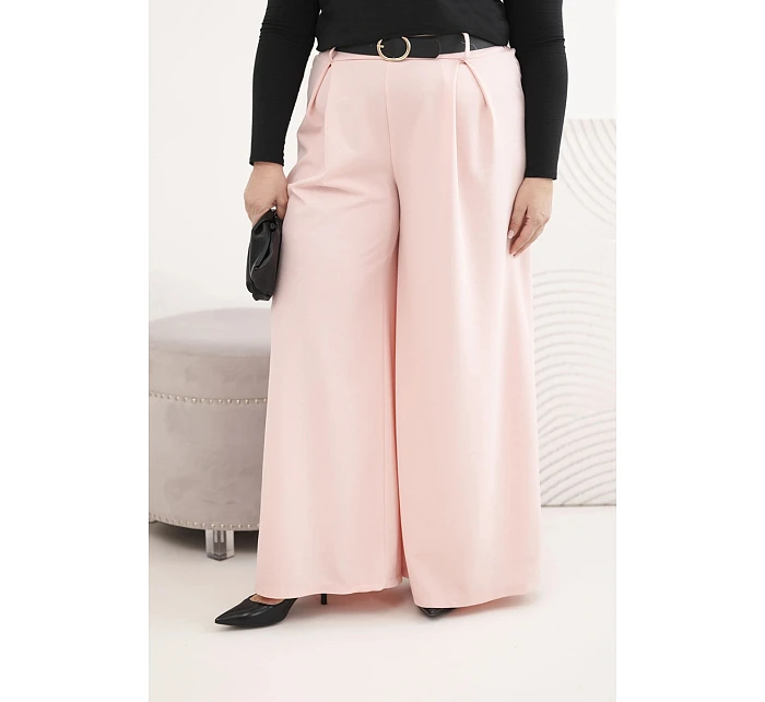 Dámské kalhoty Plus Size s širokou nohavicí a páskem pudrově růžové