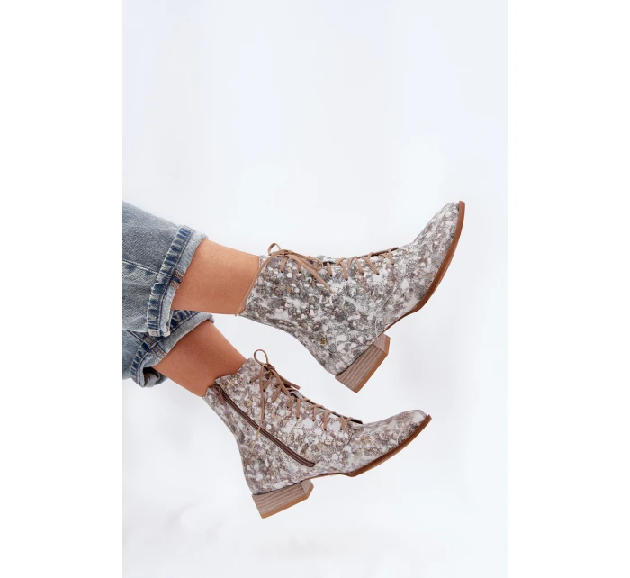 Kožené Vzorované Kotníkové Boty Na Ploché Podpatky model 21691368 Béžové - Maciejka