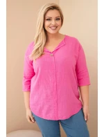 Dámská bavlněná halenka Plus Size s výstřihem na knoflíky růžová Dámská bavlněná halenka Plus Size s výstřihem na knoflíky růžová