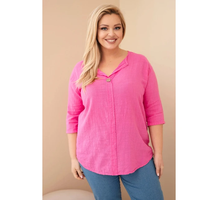 Dámská bavlněná halenka Plus Size s výstřihem na knoflíky růžová Dámská bavlněná halenka Plus Size s výstřihem na knoflíky růžová