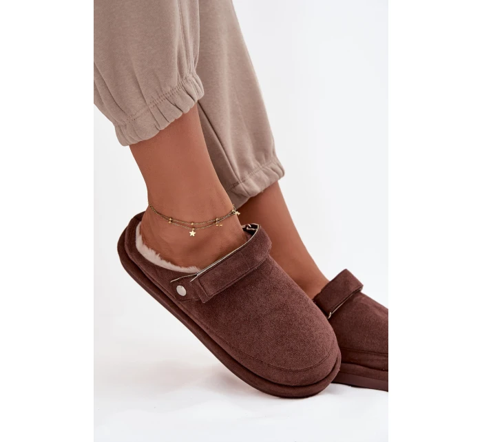 Dámské pantofle s páskem Vyhřívané s kožešinkou Čokoládové Rilena
