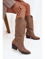 Kožené Semišové Kozačky Dámské Zateplené Khaki model 21714867 - Boto