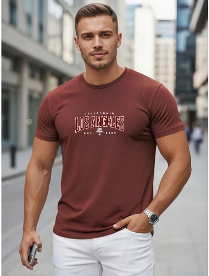 Pánské bavlněné tričko s nápisem v bordové barvě FashionStreet NX5136R Pánské bavlněné tričko s nápisem v bordové barvě FashionStreet NX5136R