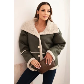 Dámská bunda Plus Size s kapucí a kapsami zateplená beránkem camelová