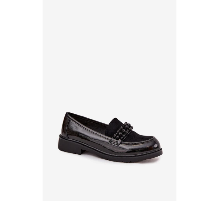Lakované dámské mokasíny s korálky S.Barski – černé Lakované dámské mokasíny s korálky S.Barski – černé