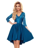 NICOLLE - Dámské šaty v mořské barvě s delším zadním dílem a s krajkovým výstřihem 210-14