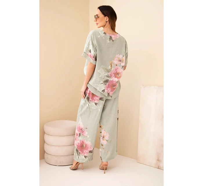 Dámský bavlněný komplet s krátkým rukávem a širokými nohavicemi khaki