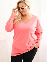 Dámská blůza Plus Size s výstřihem do V a dlouhým rukávem růžová