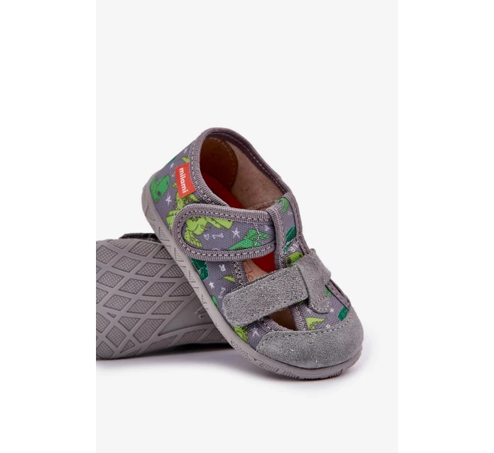Dětské papuče na suchý zip – šedo-zelené Reathiana (s motivem dinosaurů) Dětské papuče na suchý zip – šedo-zelené Reathiana (s motivem dinosaurů)