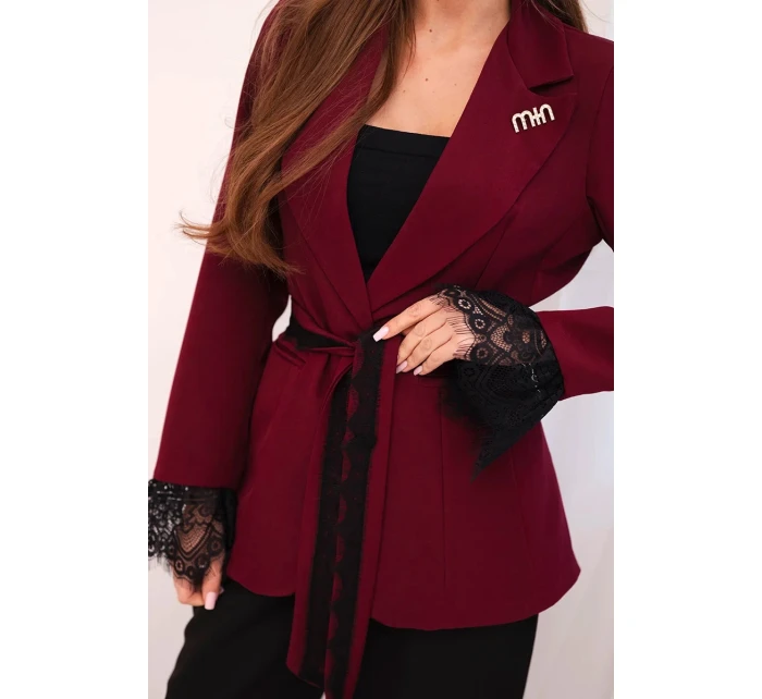 Dámský sako s páskem a krajkovým model 21774839 rukávů bordová - K-Fashion Dámský sako s páskem a krajkovým model 21774839 rukávů bordová - K-Fashion