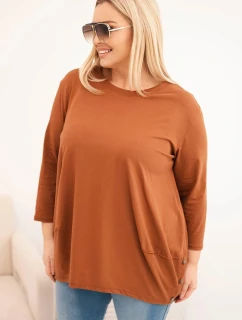Dámská blůza Plus Size z bavlny s ozdobnými knoflíky a ohrnovacími rukávy camelová