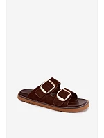 Dámské pantofle z imitace semiše se zlatými přezkami čokoládové Averia