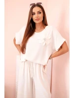 Dámský komplet z viskózy s ozdobným květem a širokými kalhotami - béžový