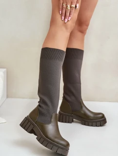 Kozačky s elastickým svrškem na plochém podpatku tmavě zelené Mesidra